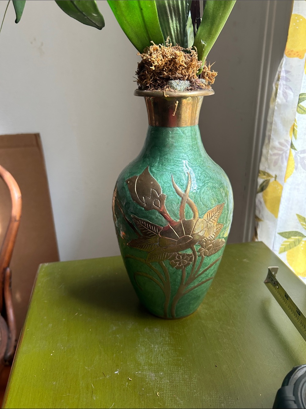 Brass with Green Enamel and Gold Floral Decorative Vase - Home Accents